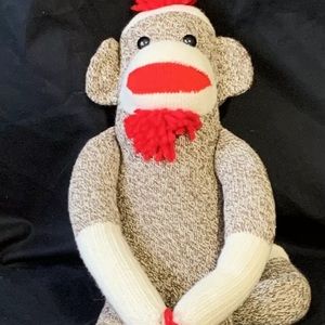 Brown Red Classic Sock Monkey Plush Stuffed Animal Long Hanging Knit White 19"